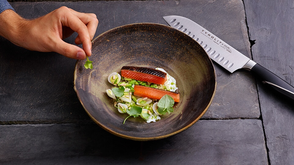 Tyrolit Iceline Santoku II TYROLIT Life Iceline Santoku II Messer mit Gemüse und Lachs