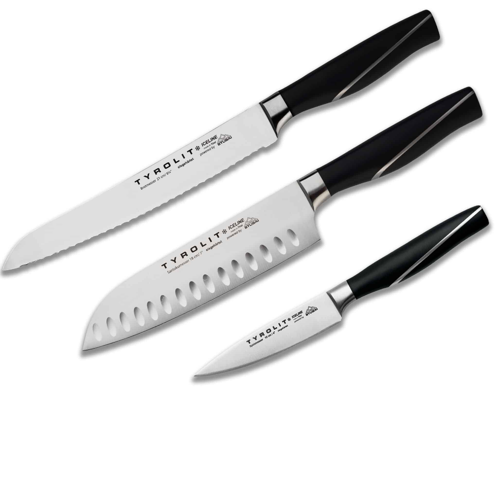 Tyrolit Iceline Universal knife set Tyrolit Life Iceline Universal knife set with bread knife, santoku knife, and paring knife