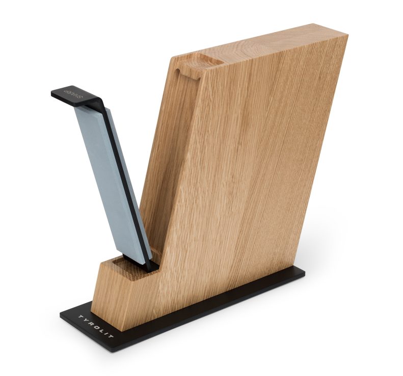 Messerblock Plus schwarz von Tyrolit Life – Ansicht von rechts mit ausgeklapptem Messerschleifer