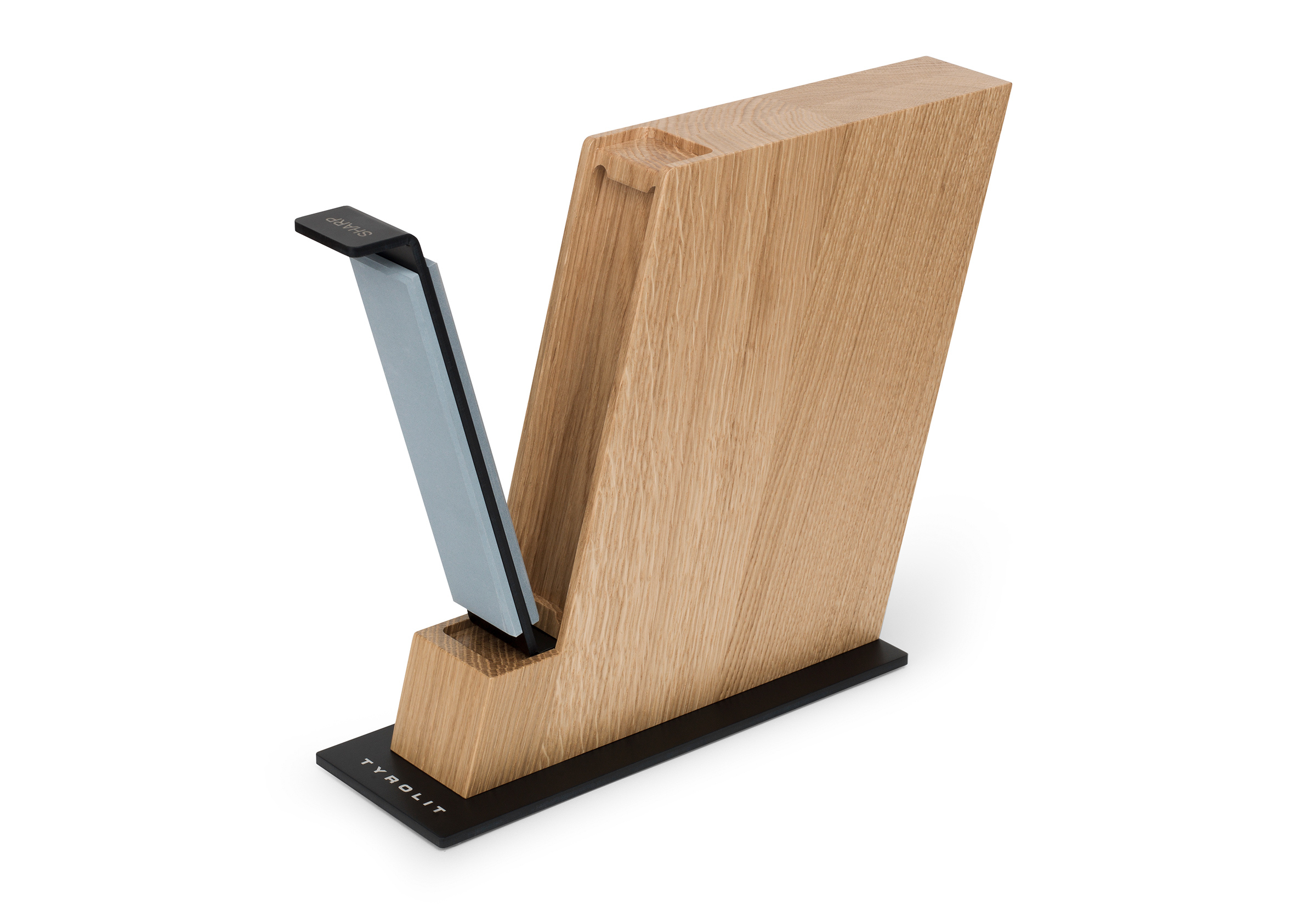 Messerblock Plus schwarz von Tyrolit Life – Ansicht von rechts mit ausgeklapptem Messerschleifer